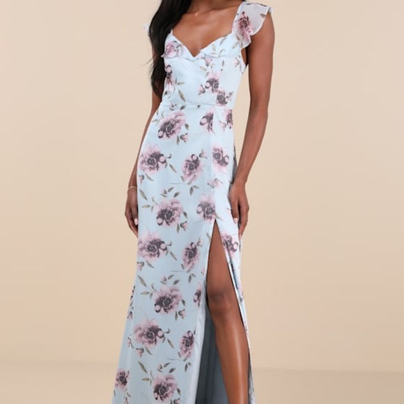 Lulus Dresses & Skirts - Lulus Sweetest Entrance Light Blue Floral Ruffled Tie-back Maxi Dress - Size L